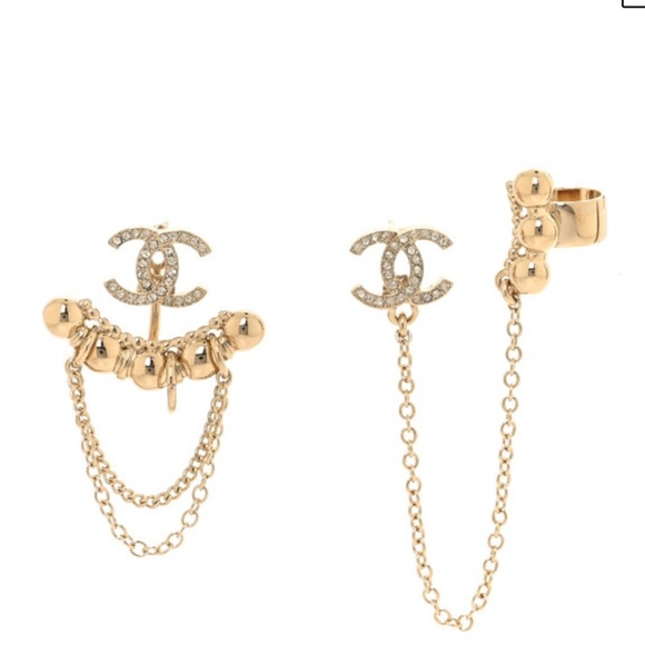 CHANEL Metal Crystal CC Chain Cuff Earrings Gold - Picture 1 of 5